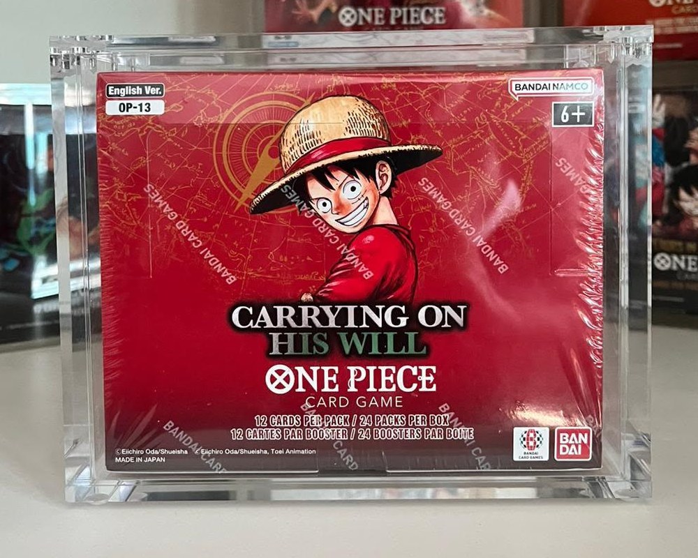 Display One Piece OP-13 dans une protection acrylique Treasure Sealed, posé sur une étagère parmi d'autres displays